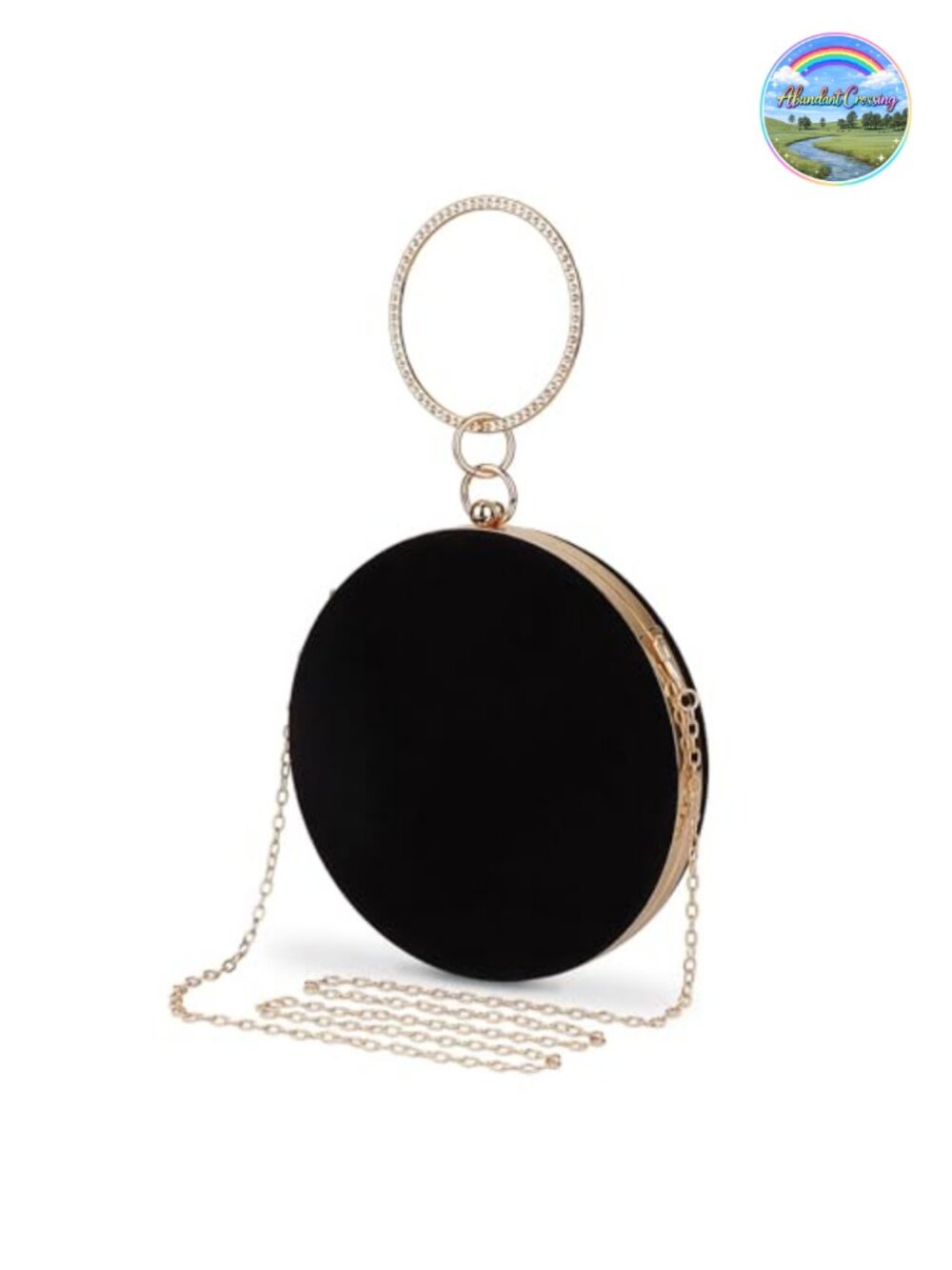 Round Velvet Clutch Purse with Rhinestone Handle and Chain